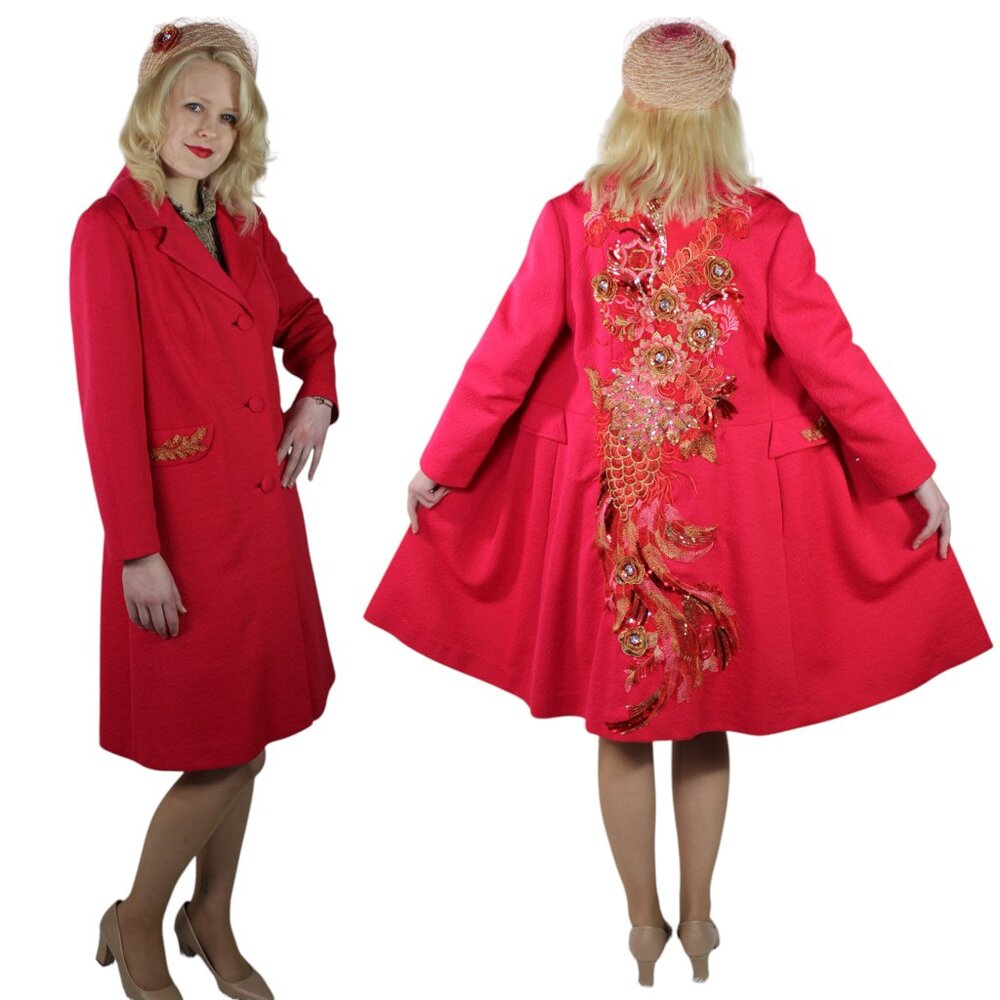 60's Vintage Embroidered Coat and Hat - Hot Pink Mod Fancy Coat